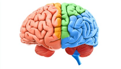 A detailed diagram of the human brain, showing the different lobes, cerebellum, brainstem, and major neural pathways.