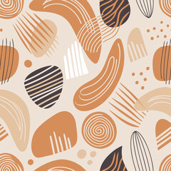 Aesthetic Contemporary printable seamless pattern with abstract line brush stroke shapes and line in nude colors. Pastel boho background in minimalist mid century style vector Illustration wall