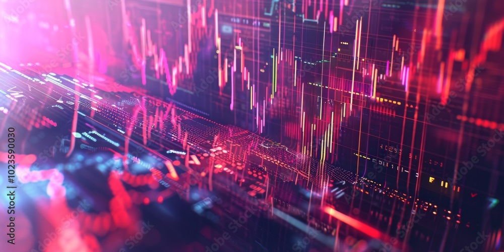 Poster a vibrant and dynamic digital visualization of stock market data, featuring colorful graphs and char