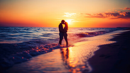 A couple shares a romantic kiss on the beach at sunset with soft waves gently lapping on the shore