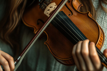 Fototapeta premium Young musician is playing the violin, with a close-up on their hands and the instrument