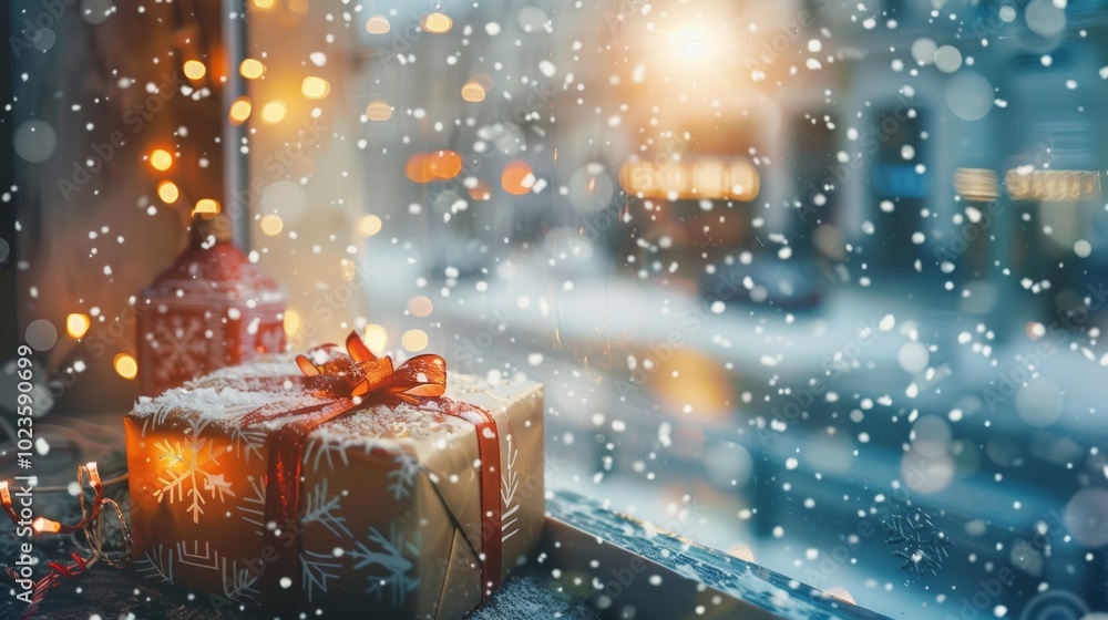 Poster a small brown box with a red ribbon sits on a window sill. the box is decorated with snowflakes