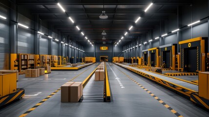 Fototapeta premium A spacious warehouse interior showcasing conveyor belts and loading docks, ideal for logistics, supply chain, or storage-related projects, Emphasizes organization and modern infrastructure,