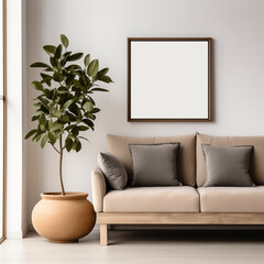 Mockup of a 1x1 brown square wooden frame in a modern living room interior with a beige sofa and a green plant. Artwork, poster, art print, wall art mockup. Home interior.