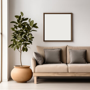 Mockup of a 1x1 brown square wooden frame in a modern living room interior with a beige sofa and a green plant. Artwork, poster, art print, wall art mockup. Home interior.