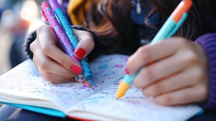 Close-up of Hands Writing in a Notebook with Colorful Pens
