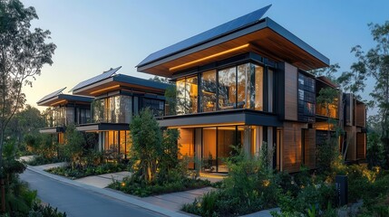 Obraz premium row of contemporary houses with sleek solar panels gleaming on their roofs set against a clear blue sky representing sustainable living and modern architectural design that harmonizes with nature