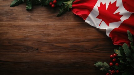 Canadian flag with holiday greenery on a rustic wooden background.