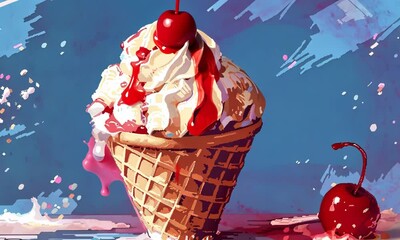 A painting of a cherry on top of a half-eaten ice cream cone Video
