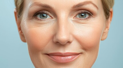 A female face with subtle lines around the eyes and cheeks, representing a skin-tightening procedure that enhances facial contours.