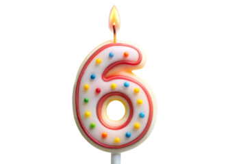 Colorful birthday candle in the shape of the number 6, isolated on white background