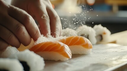 Close-up of a Chef Sprinkling Salt on Salmon Sushi