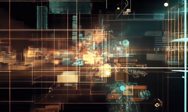 Abstract digital visualization of data flow and connectivity in a technological landscape.