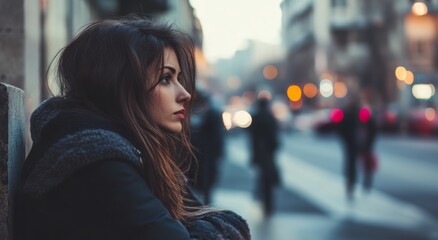 Obraz premium Pensive woman in city street at dusk with blurred lights