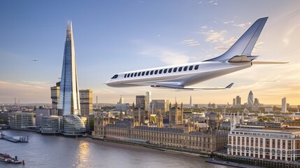 Sleek electric air taxi hovering above futuristic city skyline, smooth aerodynamic design, golden hour sunlight, modern transportation concept.