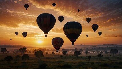Obraz premium Silhouettes of Hot Air Balloons at Sunrise: Vibrant Morning Sky with Peaceful Balloons Floating