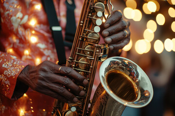 Jazz musician is playing a saxophone on stage with bokeh lights in the background