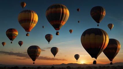 Obraz premium Silhouettes of Hot Air Balloons at Sunrise: Vibrant Morning Sky with Peaceful Balloons Floating