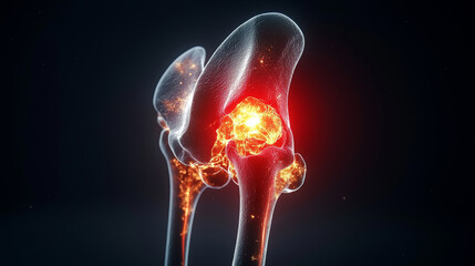 A front view of the hip joint in 3D, showing the bones with a glowing red area indicating inflammation in the acetabulum due to arthritis.