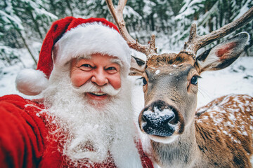 Smiling Santa Claus is taking selfie with reindeer in snowy forest. Christmas holiday conc