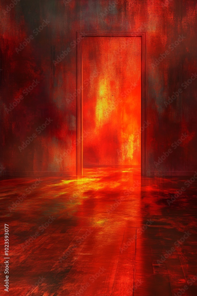 Poster a captivating abstract image featuring a doorway with intense red and orange hues, creating a fiery 