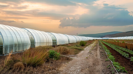 Greenhouse filled with plants and greenhouses. The sky is cloudy and the sun is shining through the clouds