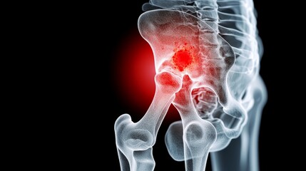 A front-facing 3D illustration of the human hip joint, showing red inflammation in the soft tissues surrounding the joint due to injury.