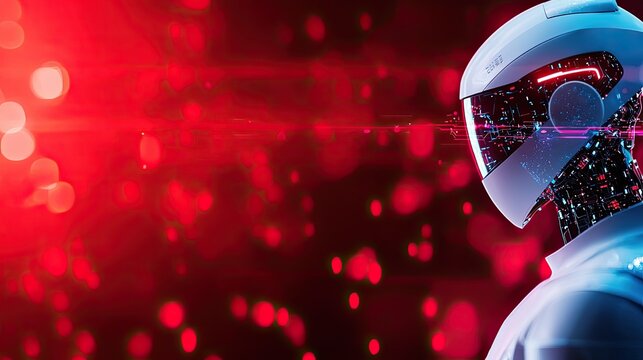 Futuristic robot head with glowing lights, vibrant red background, technology theme.