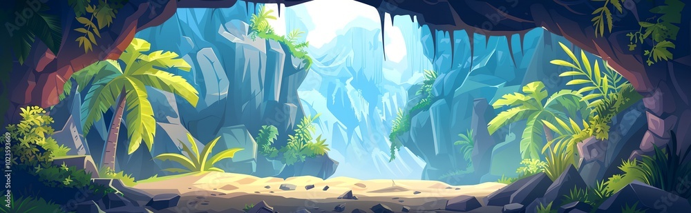 Poster a computer generated image of a jungle with a large hole in the middle. the scene is filled with tre