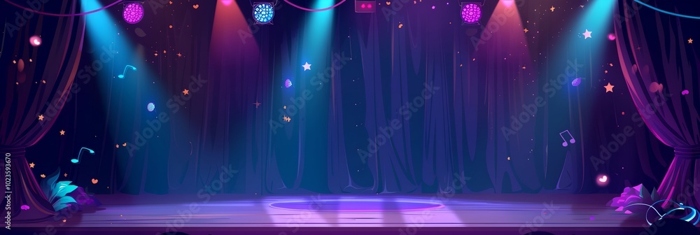 Poster a stage with a curtain and lights on it. scene is that of a stage set for a performance