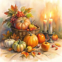 A Watercolor cozy Thanksgiving table setting with a centerpiece of pumpkins and colorful autumn leaves scattered around. In the middle, a small candle flickers warmly. 