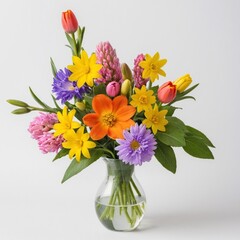 Flower arrangement or bouquet colorful spring flowers isolated on white background.