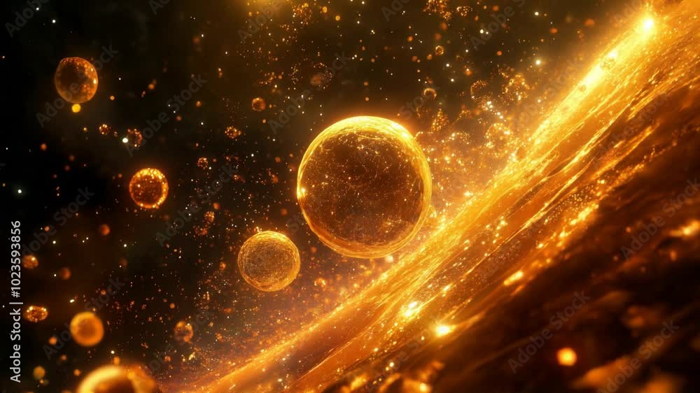 Wall mural glowing golden spheres floating in a shimmering, abstract space with sparkling particles and waves o