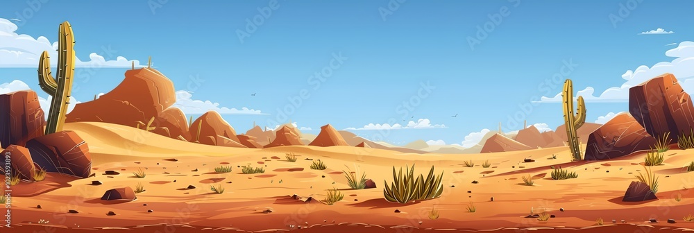 Poster a desert scene with a large rock in the foreground and a small cactus in the background. the sky is 