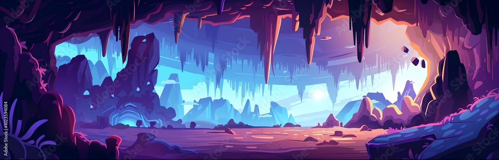 Poster a computer generated image of a cave with a blue sky above it. the cave is filled with rocks and has