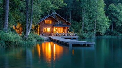 Fototapeta premium A peaceful lake house at sunset with a cozy wooden pier reflecting on calm waters