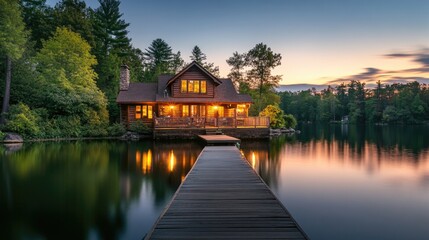 Fototapeta na wymiar Cozy lake house at sunset featuring a wooden pier leading to calm water surrounded by lush trees and warm lighting