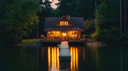 Fototapeta premium A cozy lake house at sunset with a wooden pier leading to tranquil waters and warm reflections surrounded by lush trees