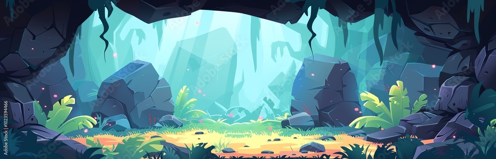 Poster a cartoonish drawing of a forest with a large rock in the foreground and a small rock in the backgro