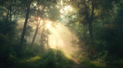 Obraz premium A serene morning in the forest with dense fog and sun rays piercing through the trees