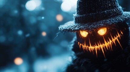 Halloween Background, Scarecrow with glowing eyes in a dark, eerie setting, capturing a spooky atmosphere.