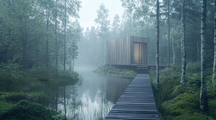 A serene Finnish cabin nestled by a lake surrounded by lush forest and morning fog