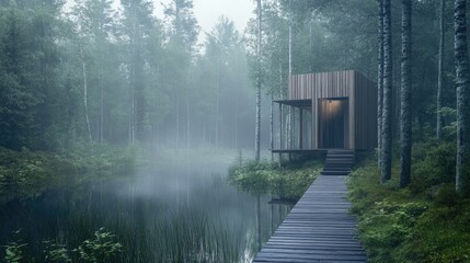 A serene Finnish cabin by a tranquil lake surrounded by foggy pine and birch trees in the early morning light