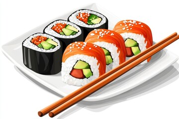 A Plate of Sushi Rolls with Chopsticks