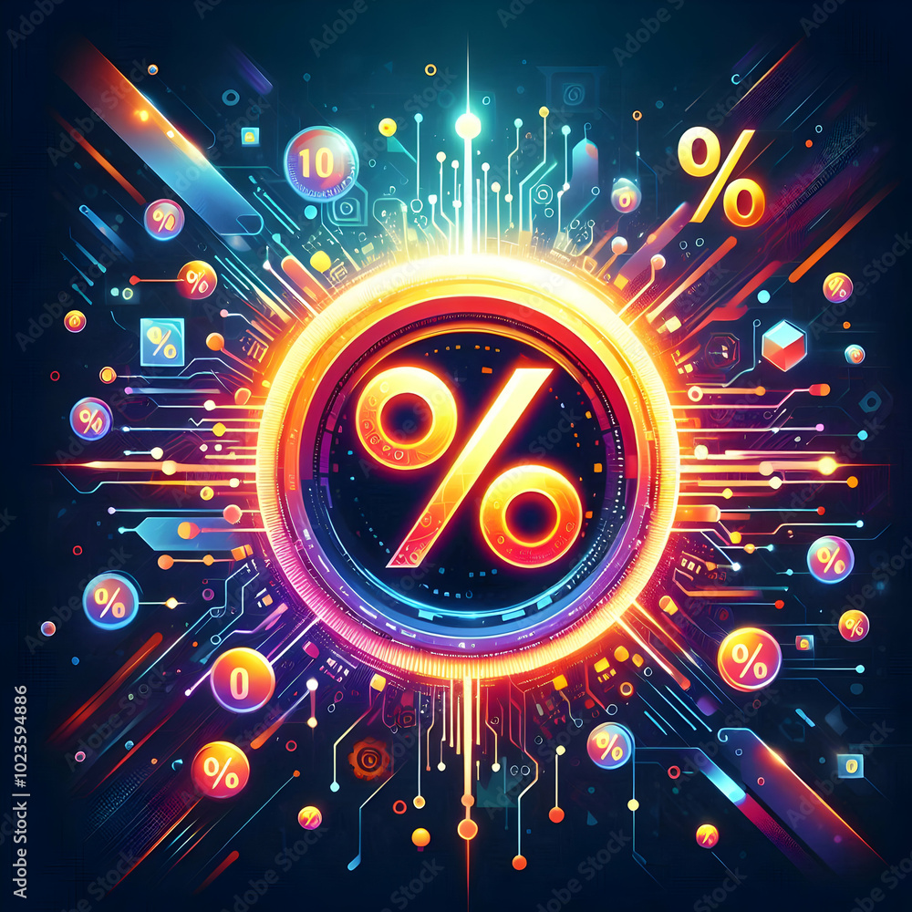 Poster Flat Glowing Abstract Tech Icon with Floating Percentage Symbols for Cyber Monday Discounts - Simple Vector Illustration