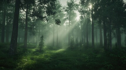 Naklejka premium Mysterious fog envelops a dense pine forest under soft light during early morning hours