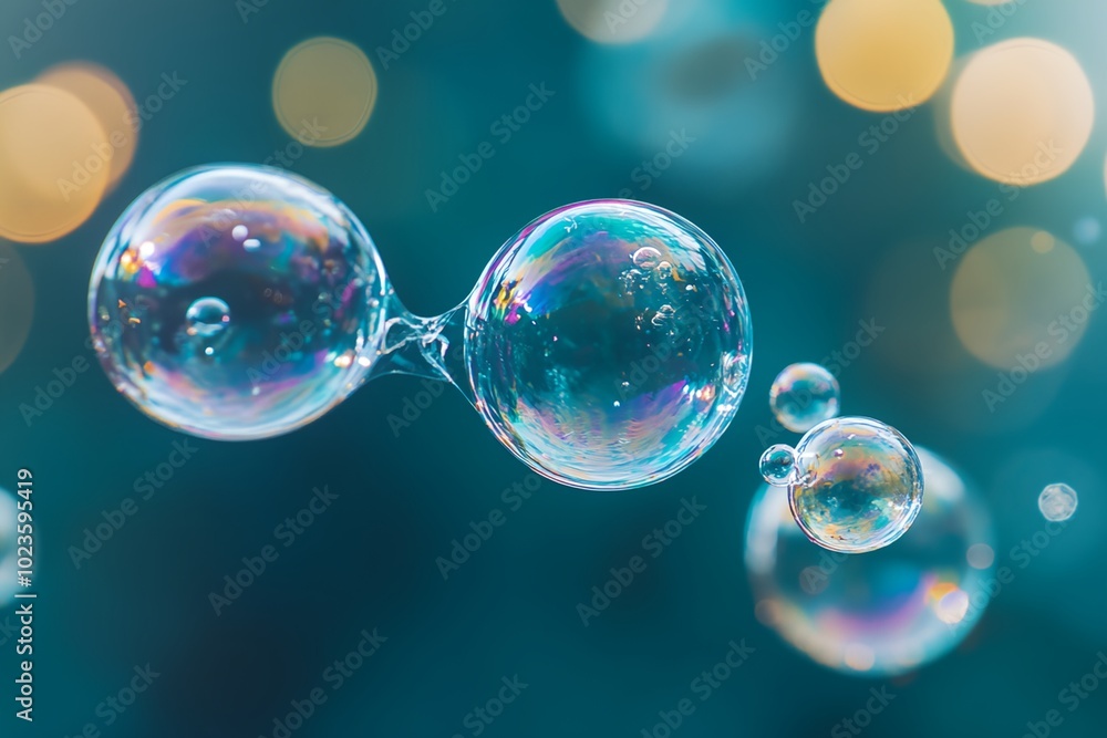 Poster a series of bubbles floating in the air, with some of them being larger than others. the bubbles are