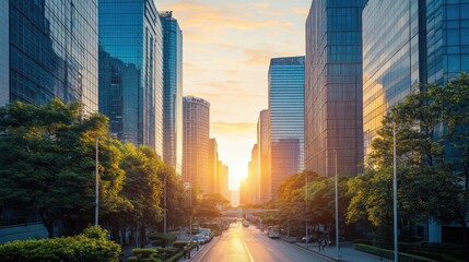 Obraz premium Serene cityscape at dawn with warm light illuminating skyscrapers and quiet streets in a vibrant urban environment