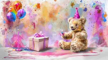 Cute teddy bear holding a gift box