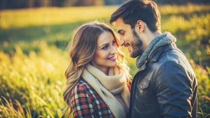 Fototapeta premium Happy Young Couple Standing in a Winter Meadow with Green and Yellow Grass 